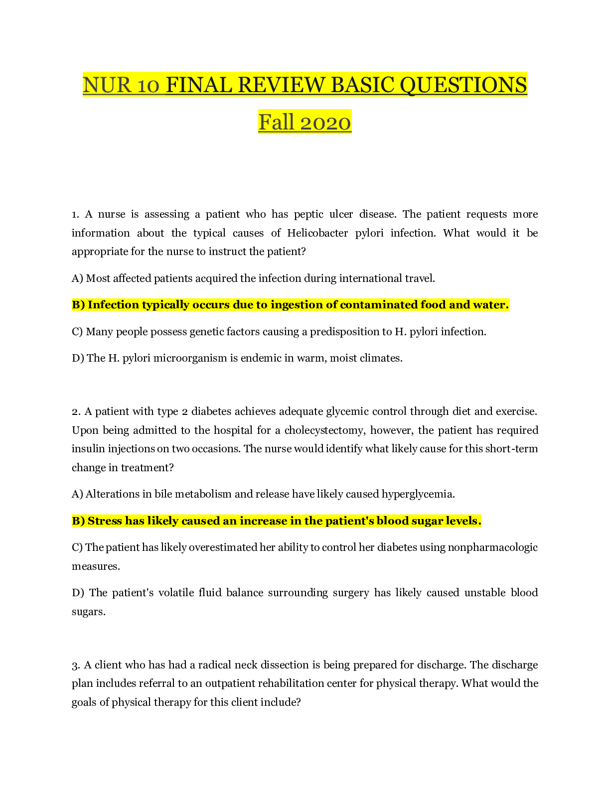 Preview image of NUR 10 FINAL REVIEW BASIC QUESTIONS  Fall 2020_Grade A | NUR10 FINAL REVIEW BASIC QUESTIONS_School Graded document